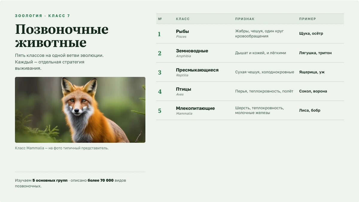 Пример слайда «Позвоночные животные»